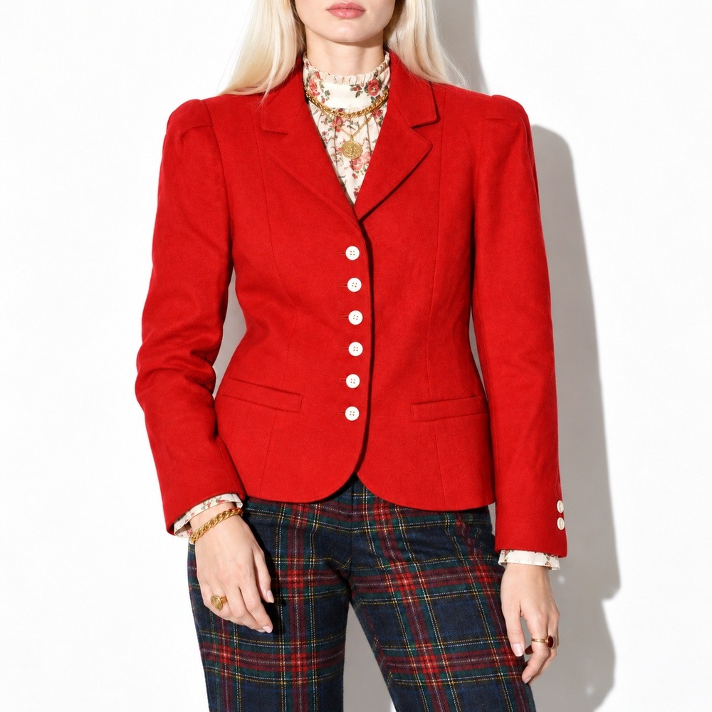 70s Vintage Red Wool Blazer Womens S Evan Picone Tailored 6 Button Mod Jacket